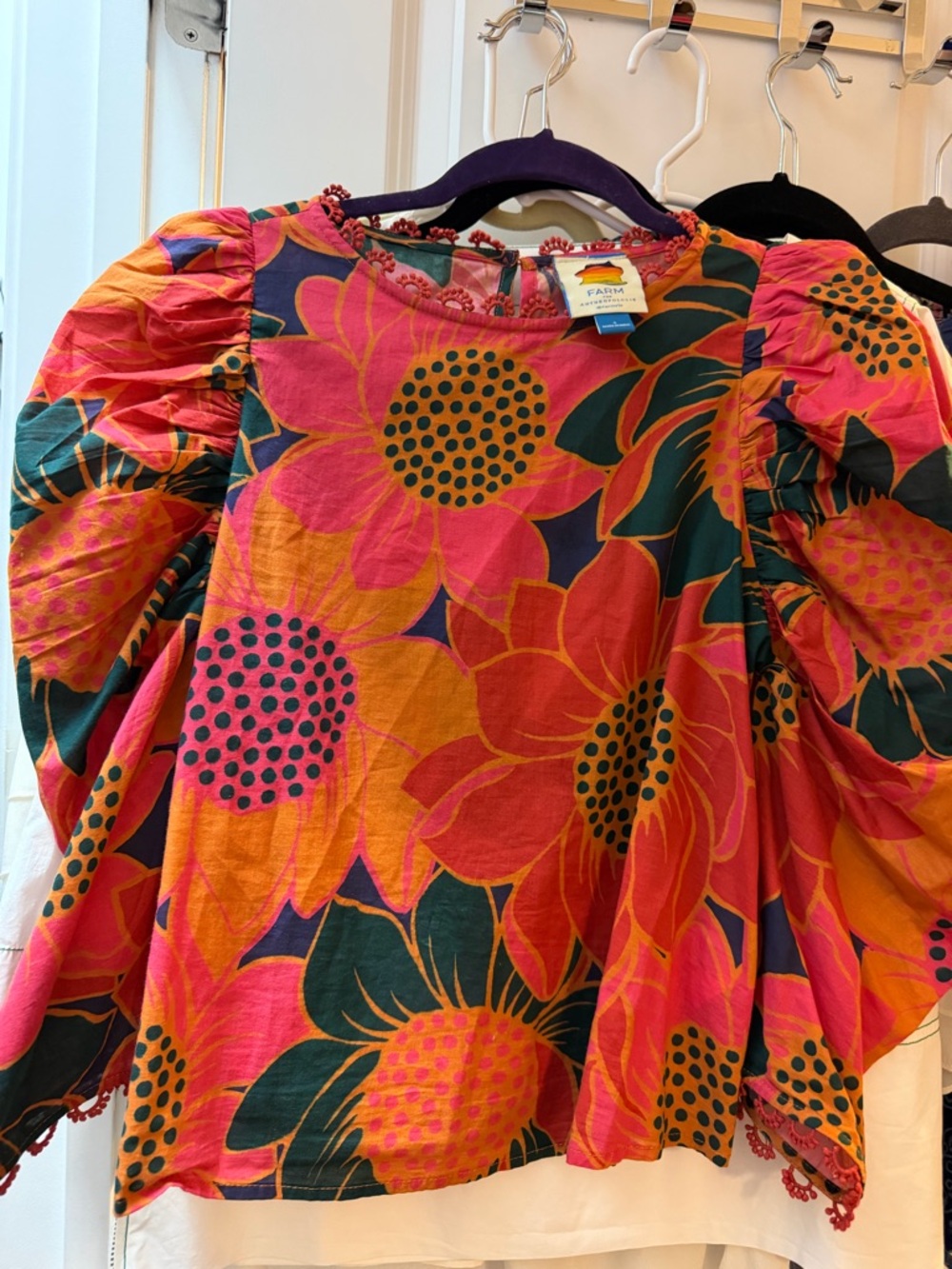 FARM Rio Floral Puff-Sleeve Blouse in Pink, Orange & Green - Picture 3 of 3